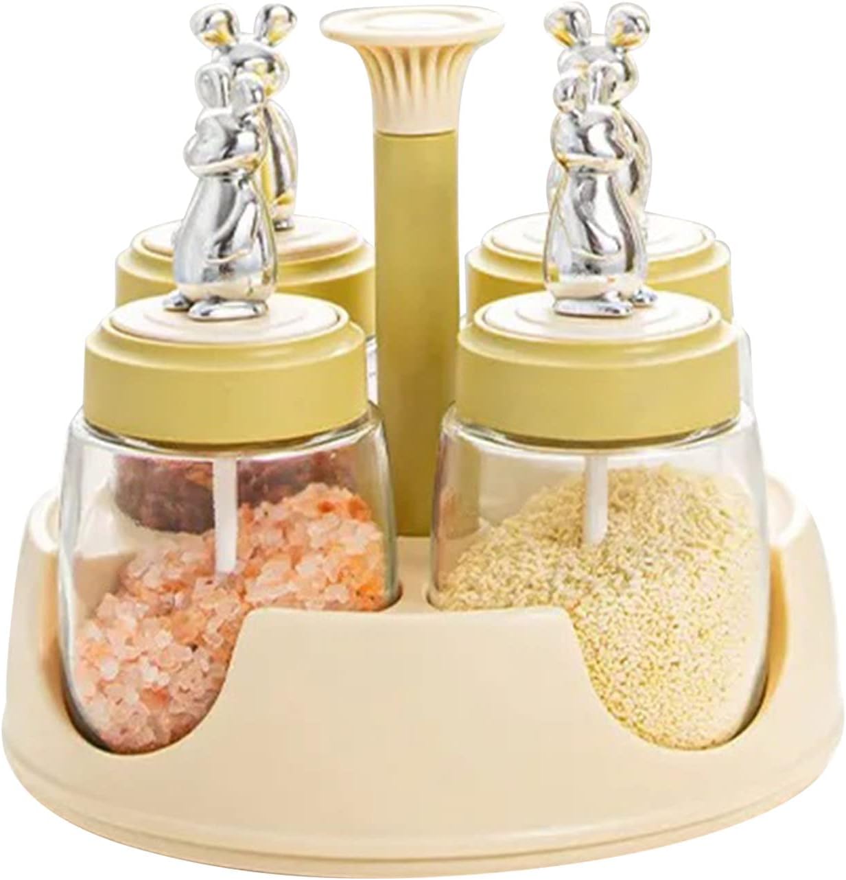 Rotating Spice Rack with Glass Bottles - Revolving Spice Organizer Set & Salt Shaker with Lid for Kitchen, Restaurant & Home Countertop(YELLOW)