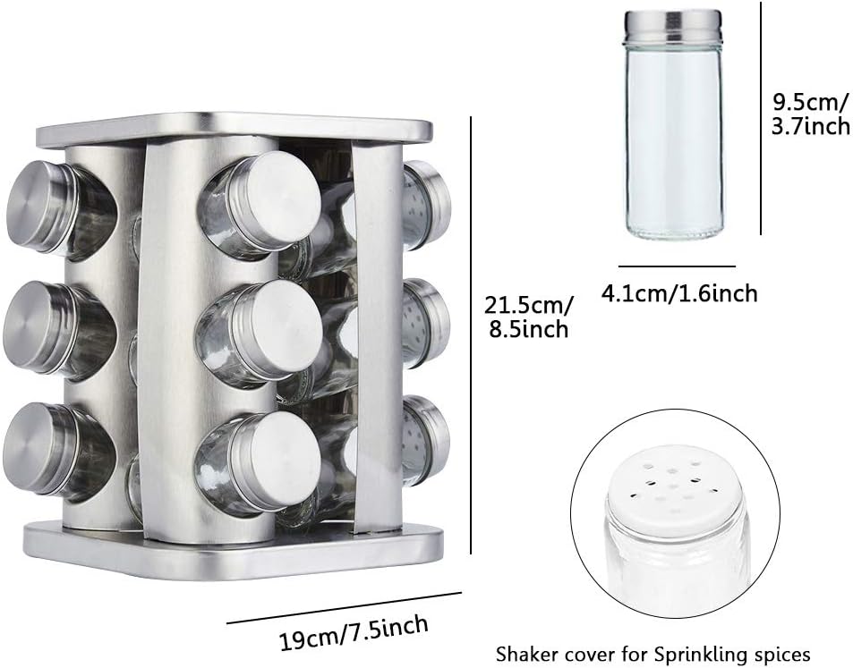 Rotating Spice Rack Organizer with 12 Jars - Revolving Standing Seasoning Tower with 12 Glass Bottles for Countertop Kitchen Cabinet, Stainless Steel, Silver