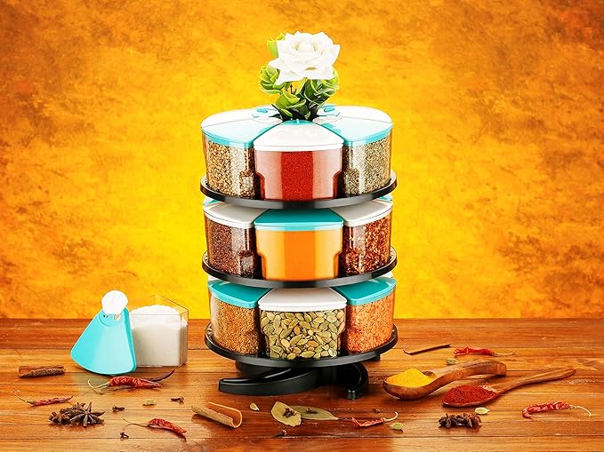 360° Spice Rack Set of 18 Piece 3 Layer Spice Set -Plastic (White and Blue-18)